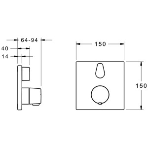 Technische Zeichnung Hansa Thermostat-Wannenarmatur HANSALIVING, eckige Rosette, Chrom, mit Maßangaben.