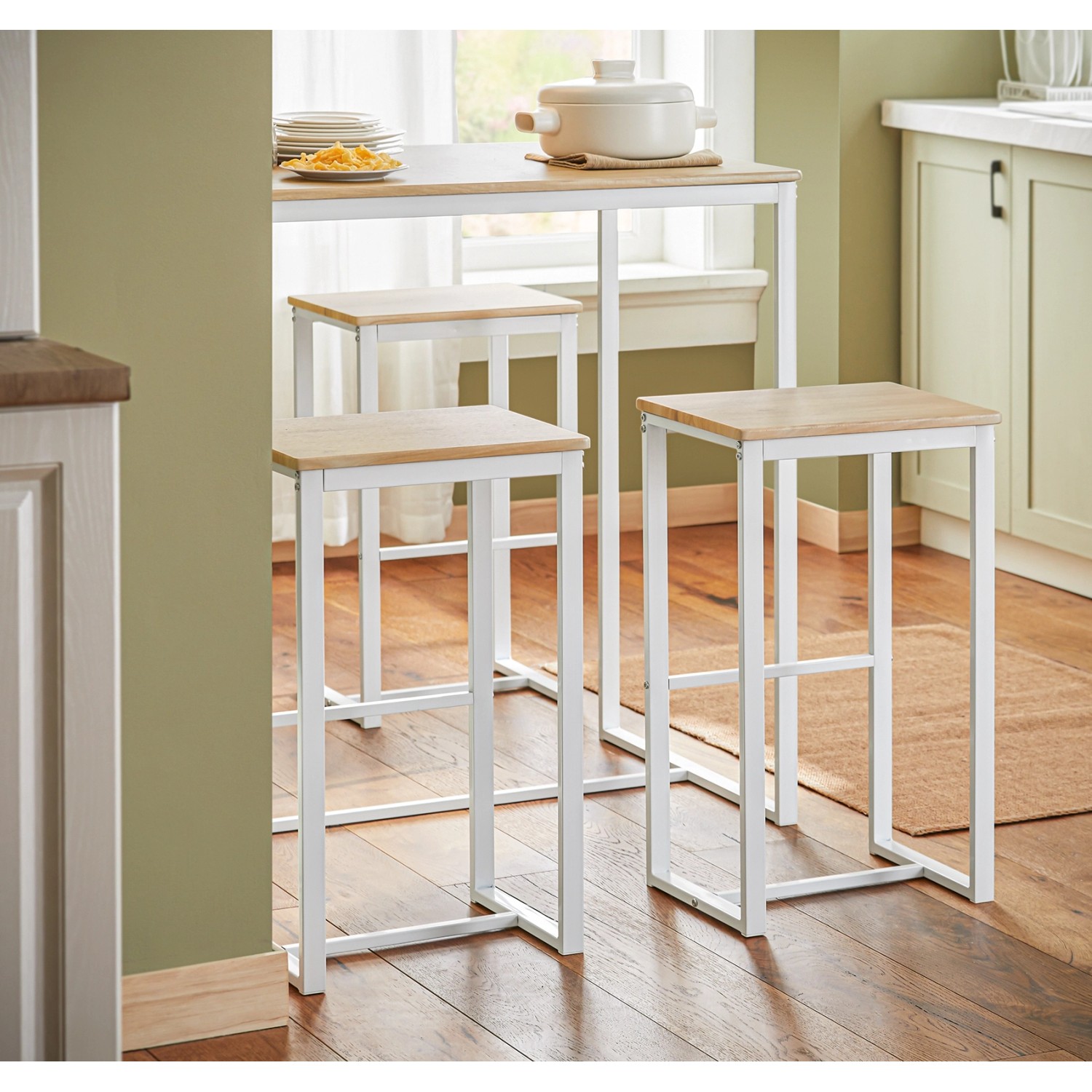 SoBuy Esstisch-Set mit 4 Barhockern, Holz/Metall, natur/weiß. Essgruppe für Küche oder Bar.