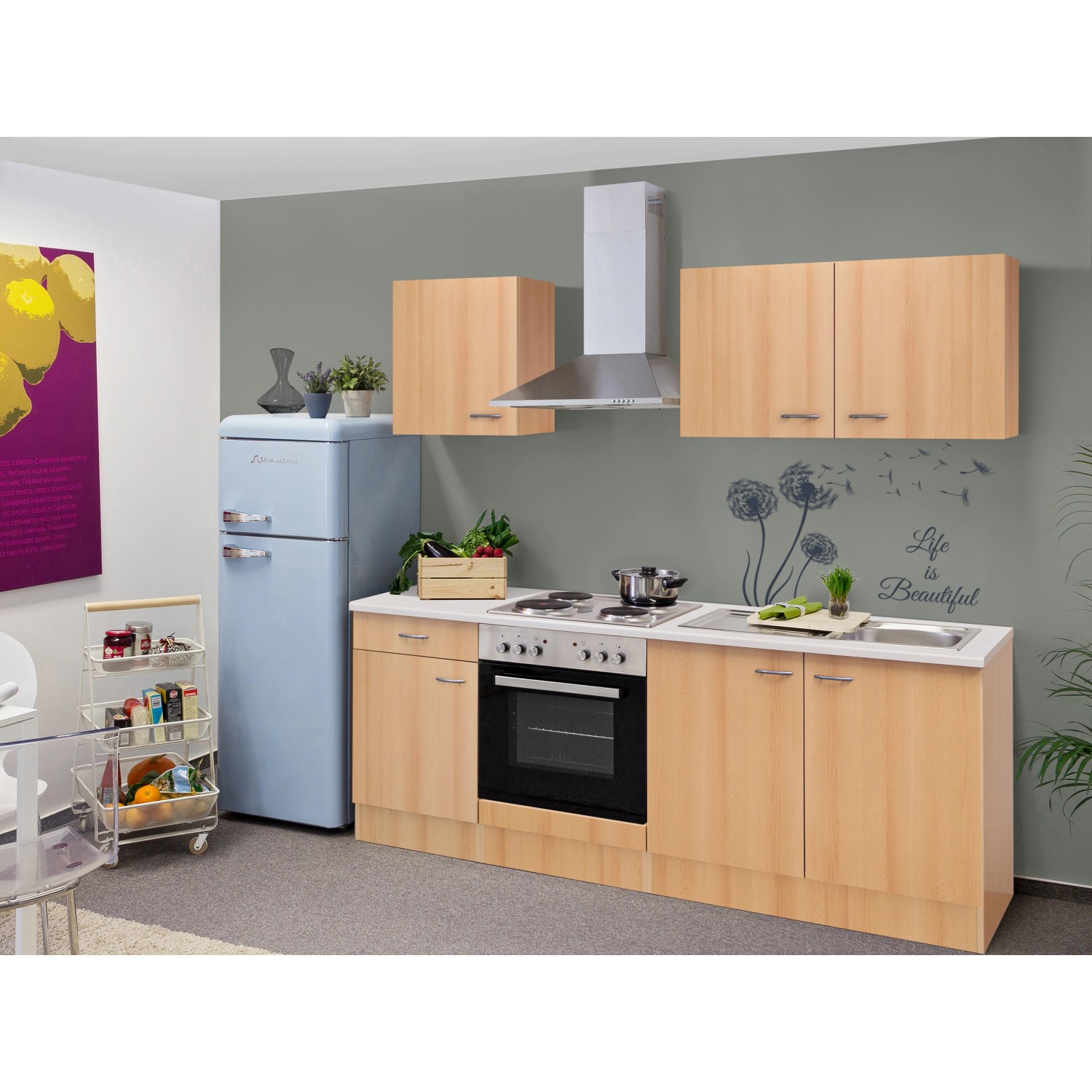 Flex-Well Classic Küchenzeile/Küchenblock Nano 210 cm Buche Nachbildung