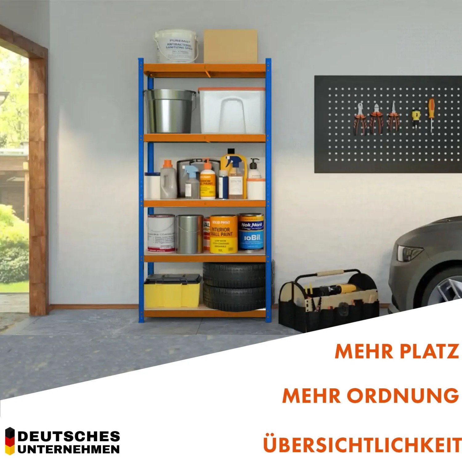Blau-oranges Schwerlastregal Rhino (180x90x60 cm) mit fünf Böden im Einsatz in Garage.