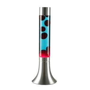Rot-blaue Lavalampe, 37,5 cm hoch, mit silberfarbenem Aluminiumfuß. Design-Tischlampe.