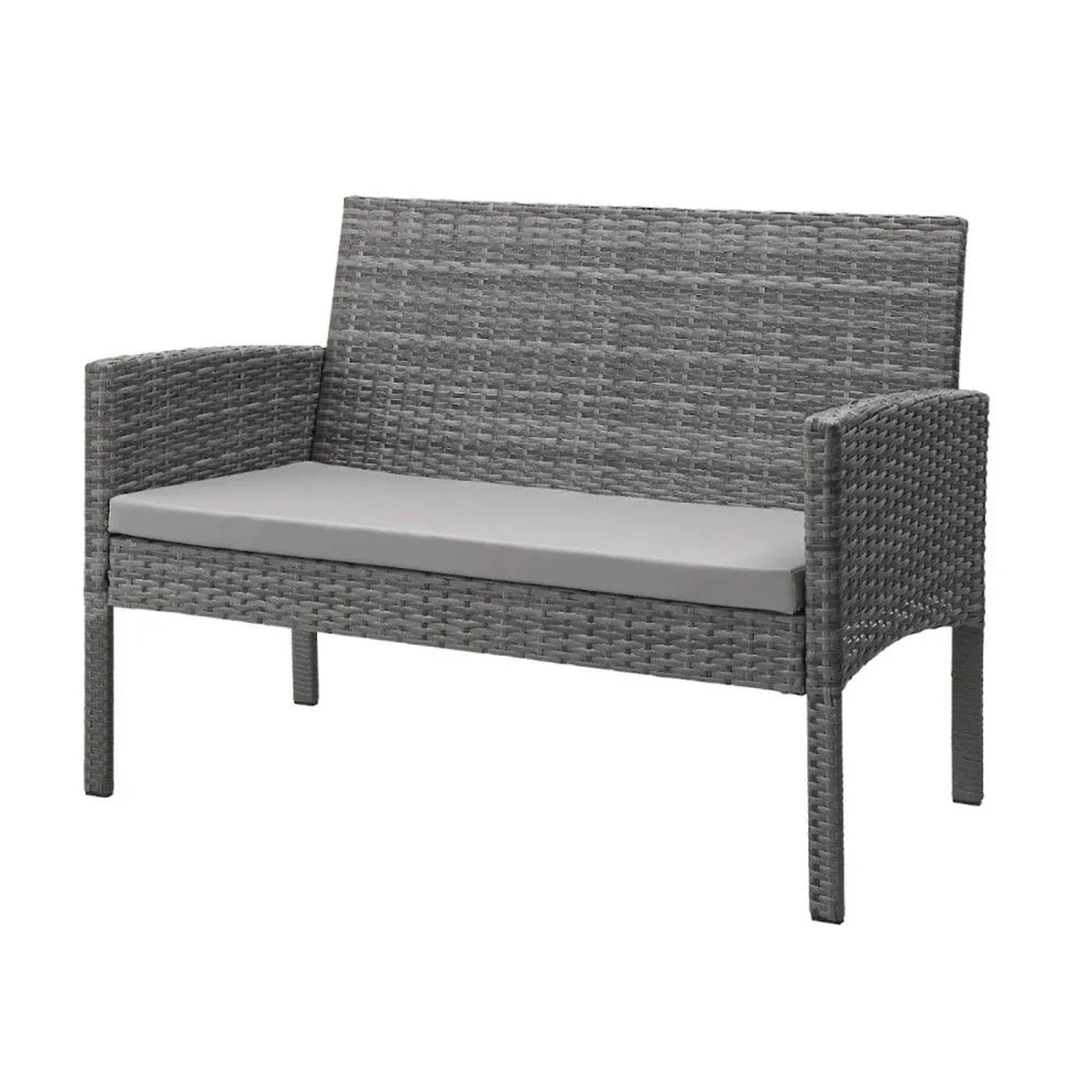 Graues Polyrattan 2er Sofa mit hellgrauem Kissen, Teil der Svita Brooklyn XL Gartenmöbel Essgruppe.