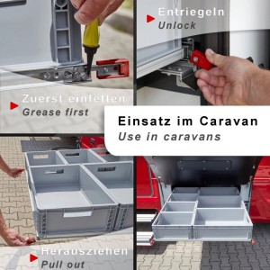 Schwarzer SOTECH Schwerlastauszug VarioSlide im Caravan, zeigt Montage, Entriegelung, Vollauszug mit grauen Boxen. Tragkraft 120 kg.