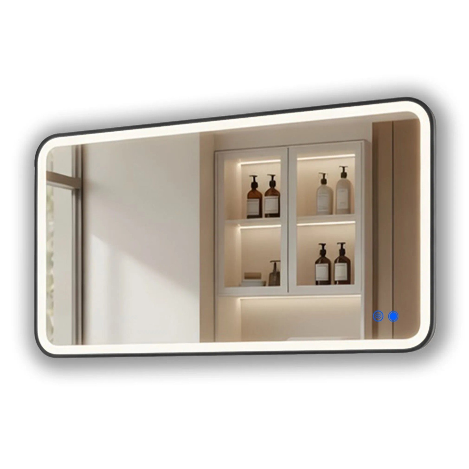 ARTFORMA LED Badspiegel Rechteckig mit Abgerundeten Ecken 120x70 cm mit Beleuchtung Rahmen Schwarz Matt Antibeschlag Touch IP44
