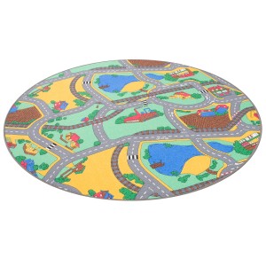 Runder, grüner Snapstyle Kinder Spielteppich Straßenteppich mit Dorfmotiv, 100cm Durchmesser.