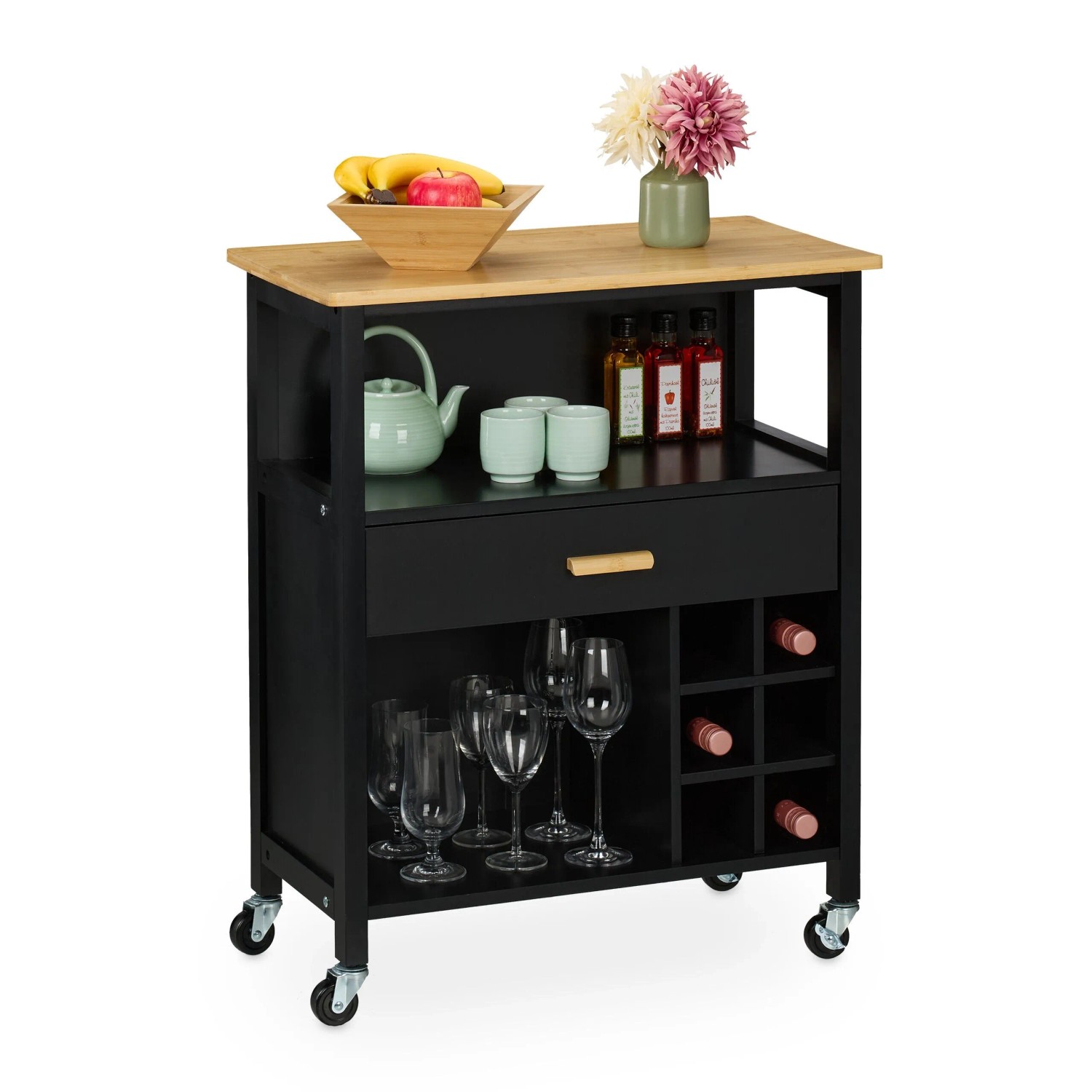 Relaxdays Küchenwagen MDF Bambus Schwarz Rollbar mit Weinregal und Schublade 80 cm x 65 cm x 35 cm 15,5 kg
