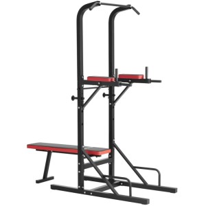 Schwarzer Tectake Power Tower mit Hantelbank, Klimmzugstange und Dip Station für dein Fitness-Workout.