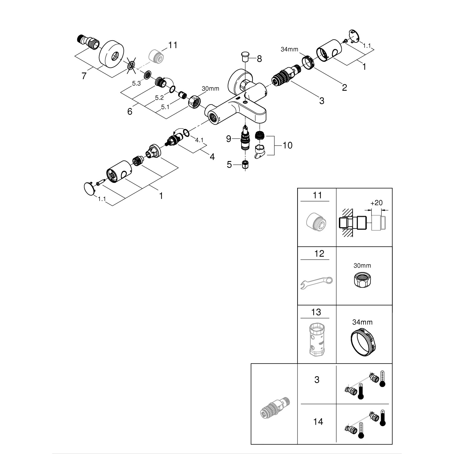 Explosionszeichnung Grohe QuickFix Precision Get Thermostat-Wannenbatterie DN 15 mit Einzelteilen.