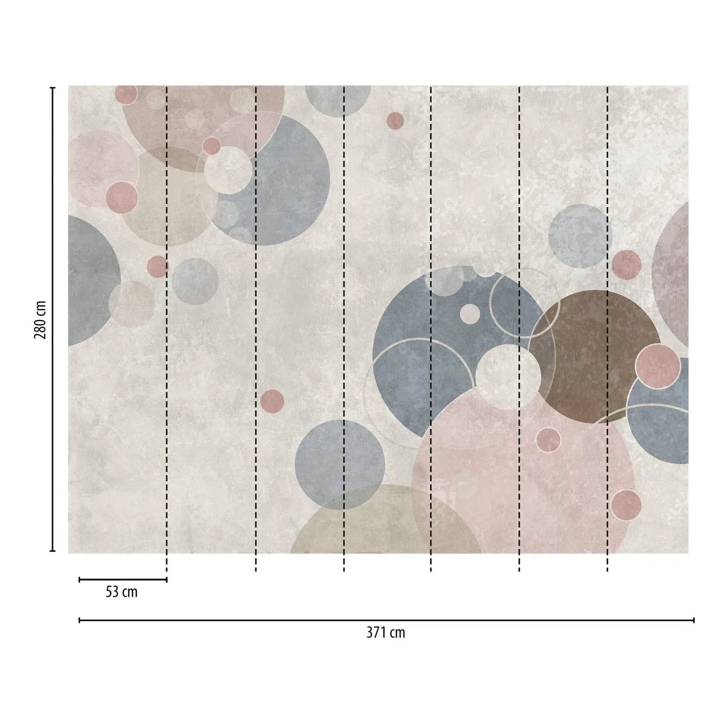 PROFHOME Kindertapete mit Kreismuster in Grau, Beige, Blau und Rosa für Kinderzimmer.