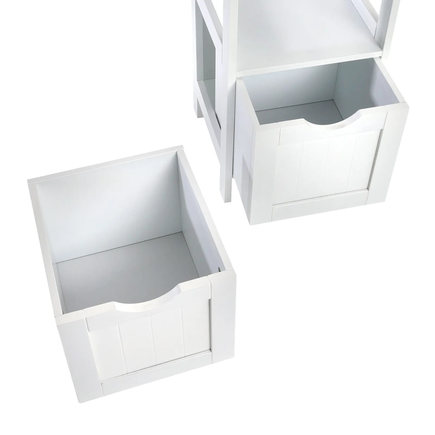 Svita Lintu Badregal, weißes Standregal mit Schubladen und offenem Fach.