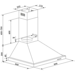 Technische Zeichnung PKM Dunstabzugshaube 6090-2H, Wandhaube mit Maßen.