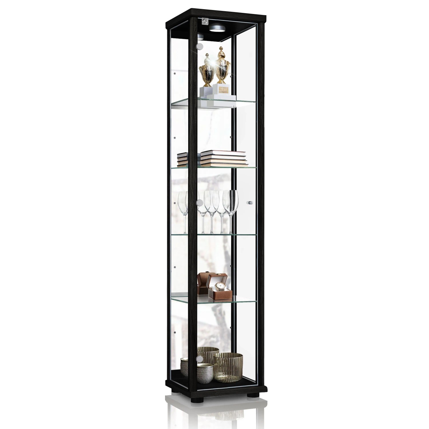 K-Möbel Sammlervitrine Stehend 176x37x33 Cm Made In Germany Mit Spiegel & Schloss & Led & Glasböden Schwarz