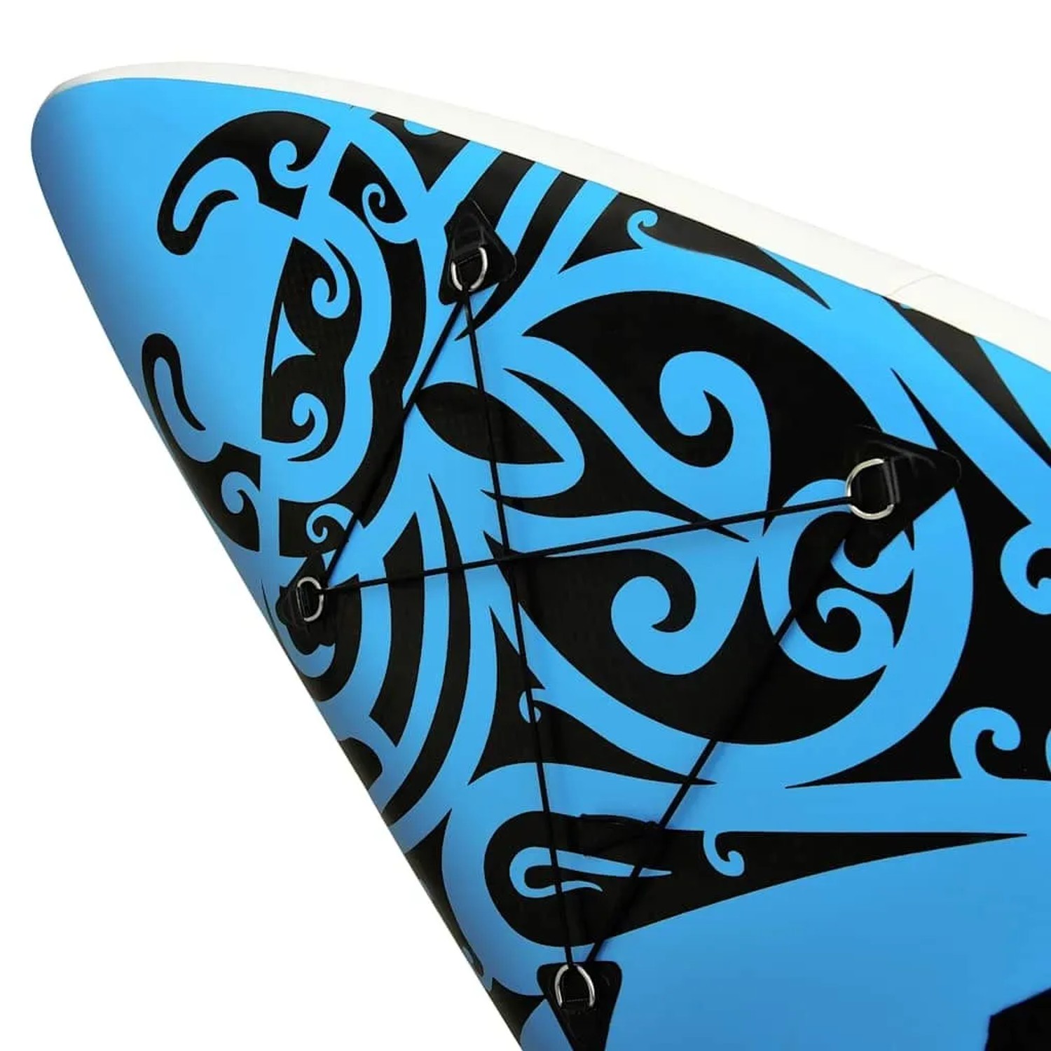 Blaues Stand Up Paddle Board (SUP) mit schwarzem Muster und Befestigungsringen.