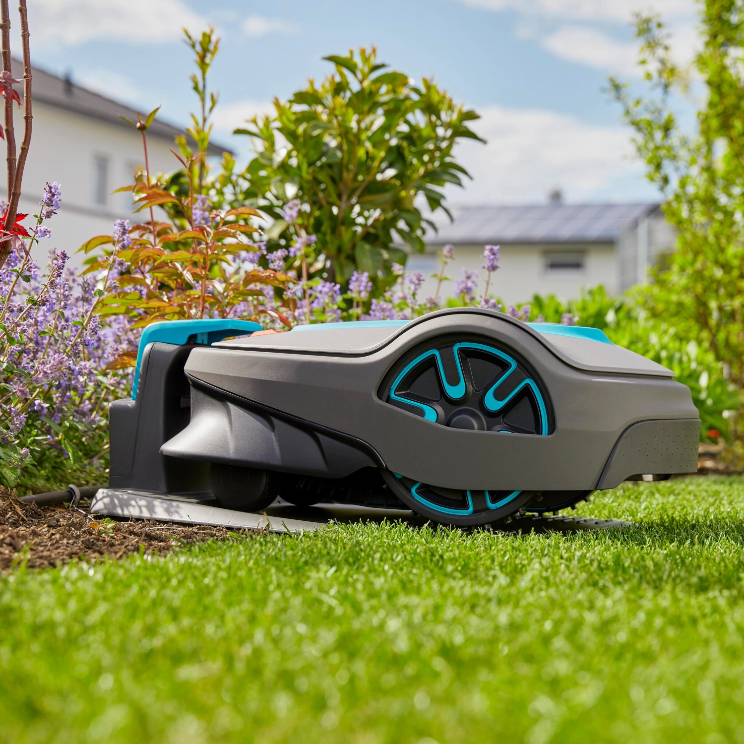 Gardena smart Sileno life 750 Mähroboter auf Rasen vor Blumenbeet und Haus.