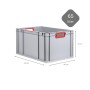 Graue PROREGAL Eurobox 60x40x32 cm mit roten Griffen, Scharnierdeckel und verstärktem Boden.