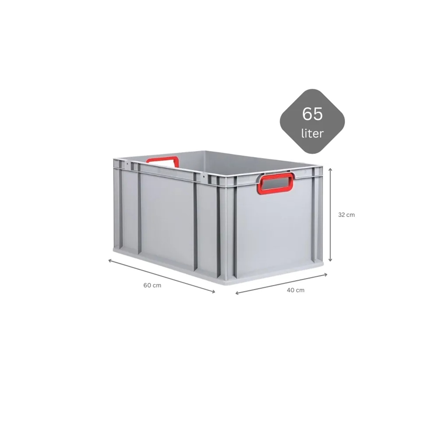 Graue PROREGAL Eurobox 60x40x32 cm mit roten Griffen, Scharnierdeckel und verstärktem Boden.