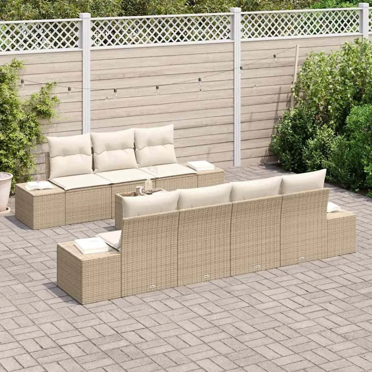 Beiges 8-tlg. vidaXL Garten-Sofa-Set aus Poly Rattan mit Tisch für Terrasse und Garten.