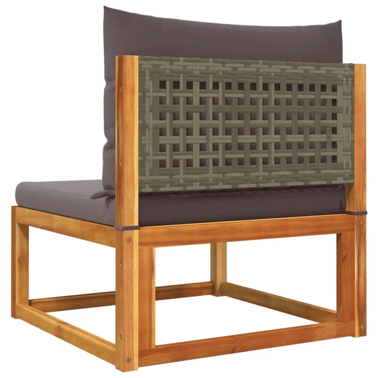 Gartenmöbel: Akazienholz Sofa mit grauem Kissen und Rattan-Rückenlehne.