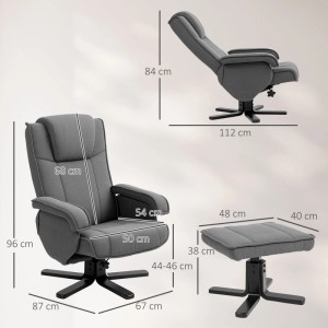 Dunkelgrauer HOMCOM Relaxsessel mit Hocker, verstellbar, drehbar. Produktansicht mit allen Maßen.