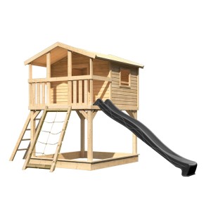 Karibu Stelzenhaus Benjamin aus Fichte mit schwarzer Rutsche, Netzrampe und Holzleiter für den Garten.
