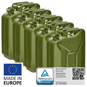 5 olivgrüne 20L Metall Kraftstoffkanister, TÜV-geprüft, mit UN-Zulassung, ideal für Pannenhilfe.