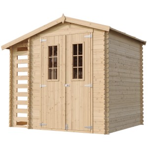 Timbela Holz-Gartenhaus mit Brennholzregal, 4,5 m², unbehandelt mit Boden.