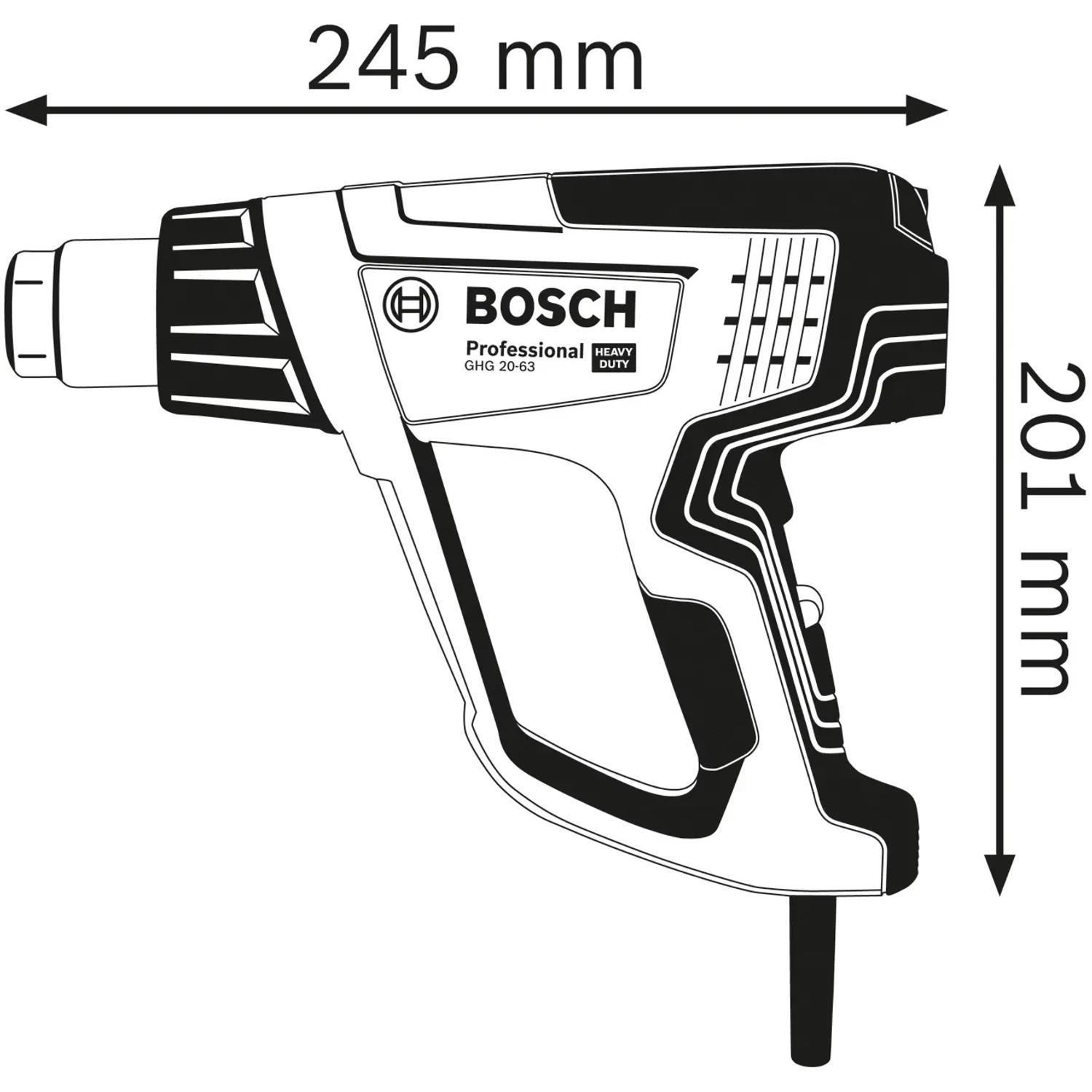 Skizze des Bosch Professional GHG 20-63 Heißluftgebläses mit Maßangaben.