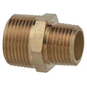 Kirchhoff Reduzier-Doppelnippel aus Rotguss, 26,4 mm (3/4 AG) x 21 mm (1/2 AG).