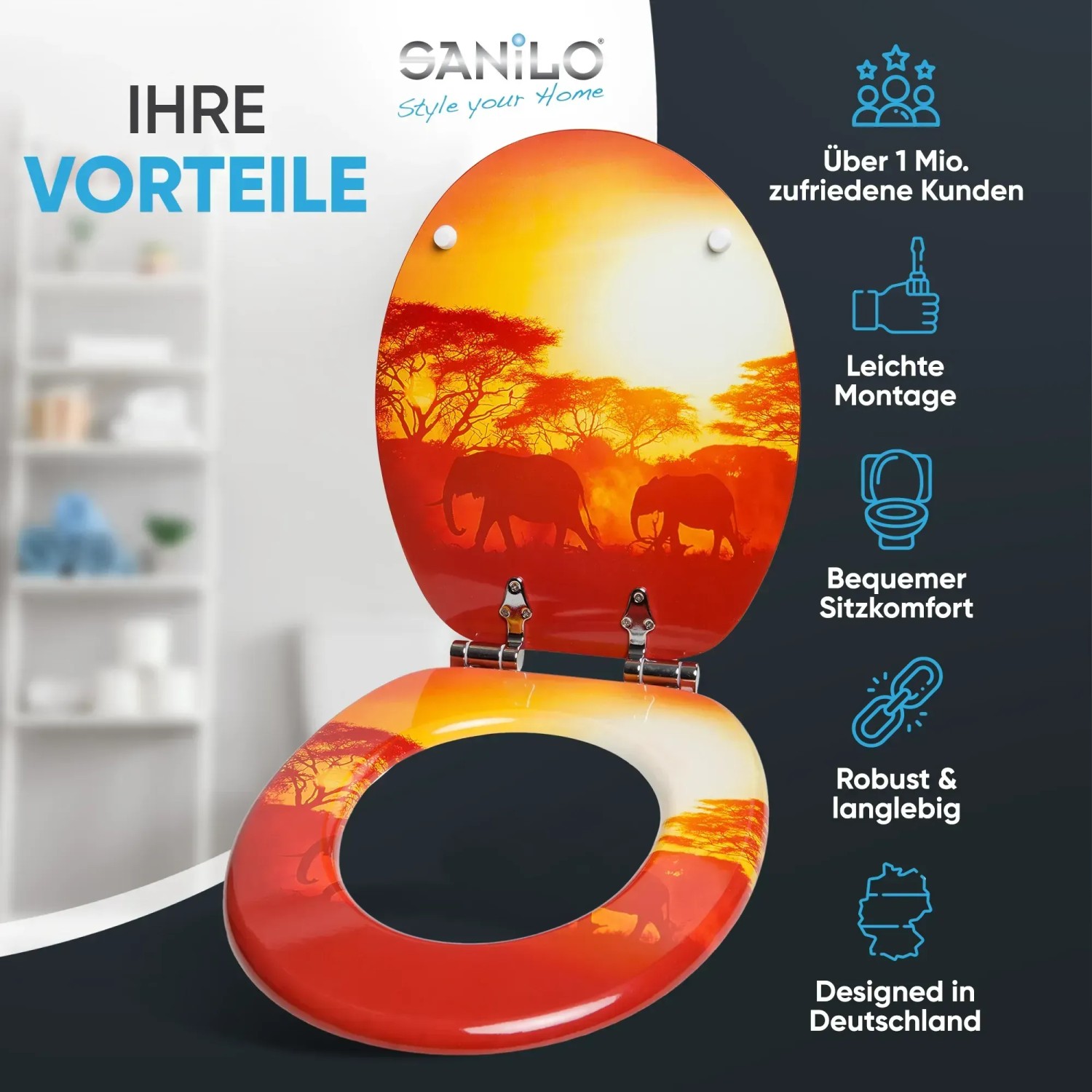 Sanilo WC-Sitz Savanne mit Absenkautomatik, Toilettendeckel aus Holz mit Elefanten Motiv.