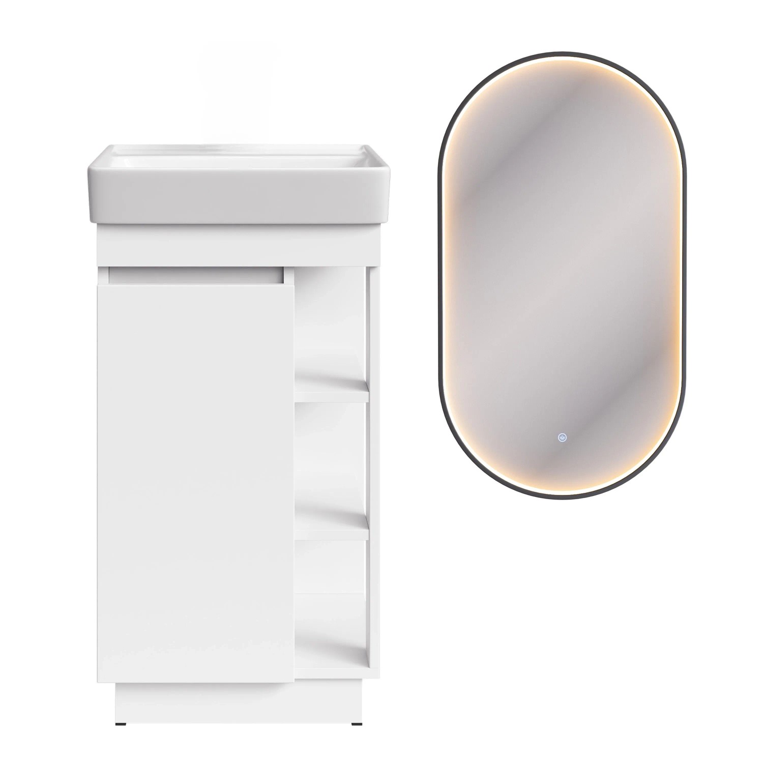 Planetmöbel Badmöbel Set NYX 50 cm Matt Weiß mit Waschbecken LED Spiegel GLORA
