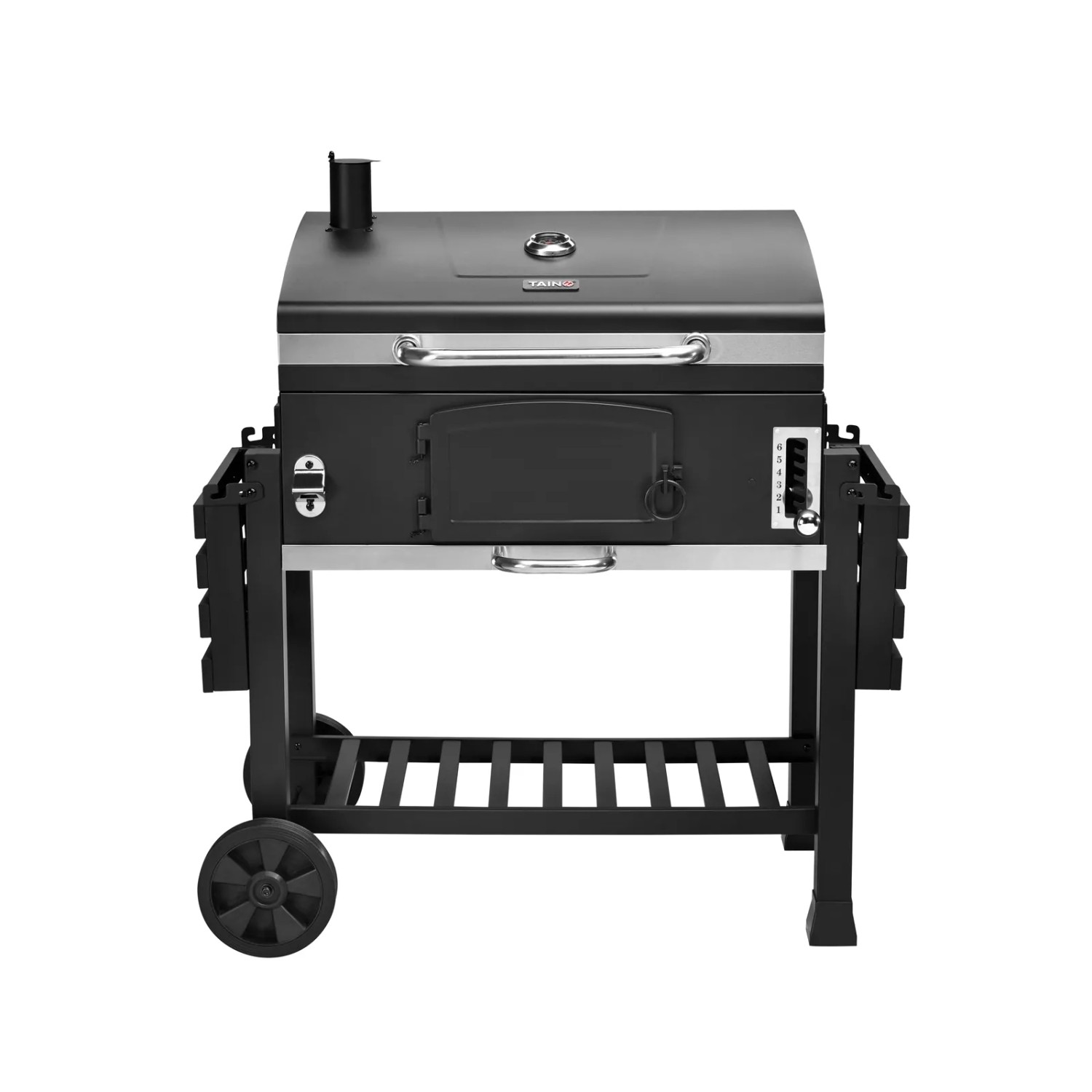 Schwarzer Taino Hero XXL Smoker Grillwagen mit Haube, Holzkohlegrill und Räucherofen.