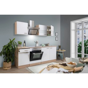 Respekta Economy Küchenzeile KB210ESWSC in Weiß-Eiche Sägerau mit Elektrogeräten.