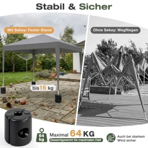 Sekey Pavillon Gewichte 4er Set: Befüllbare Standfüße sichern grauen Pavillon gegen Wind. Zeigt Stabilität und umgekipptes Zelt.