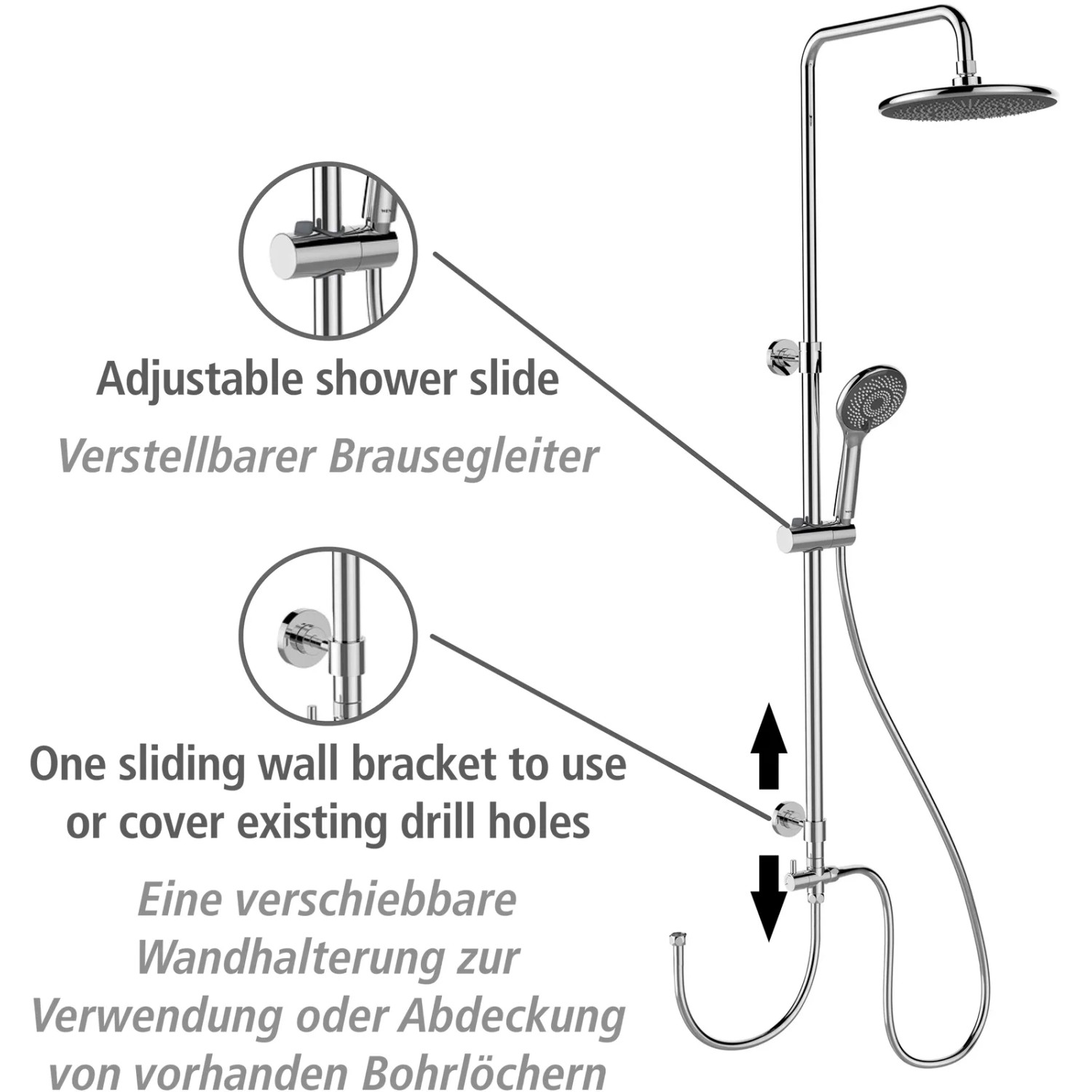 Wenko Duschsystem Watersaving Chrom mit Kopf- und Handbrause, höhenverstellbar.