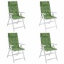 Vier grüne Hochlehner-Auflagen mit Blattmuster auf weißen Gartenstühlen. Bequeme Sitzkissen aus Oxford-Gewebe.