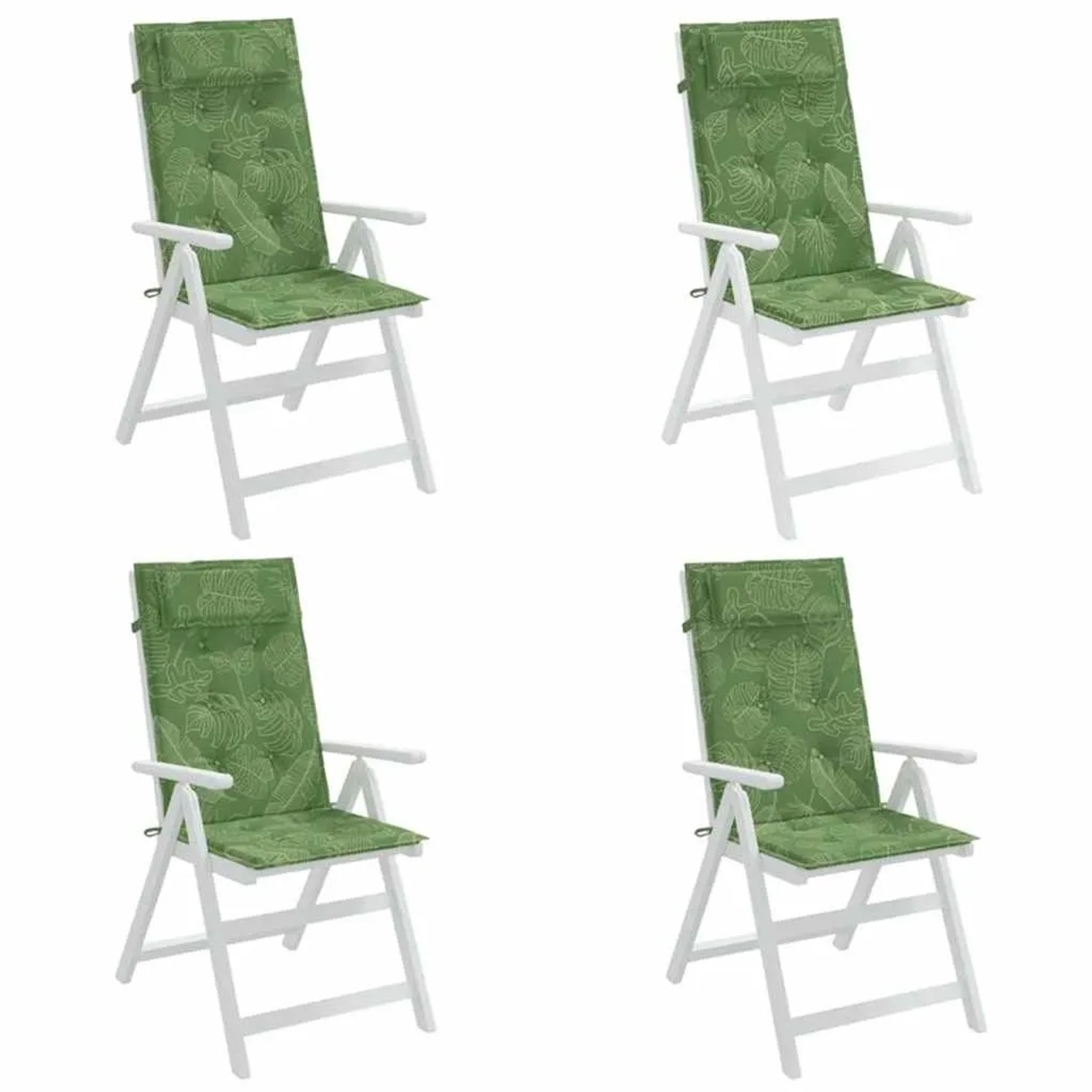 Vier grüne Hochlehner-Auflagen mit Blattmuster auf weißen Gartenstühlen. Bequeme Sitzkissen aus Oxford-Gewebe.