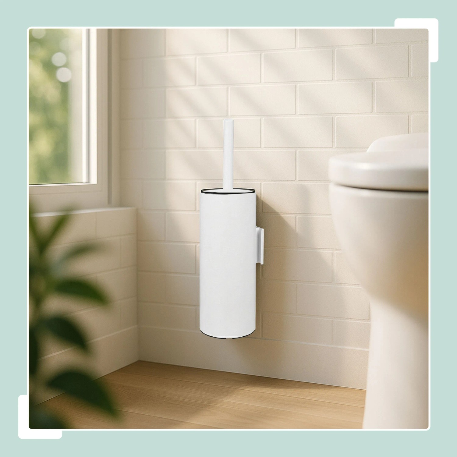 Weiße Toilettenbürste aus Edelstahl und Kunststoff, wandmontiert neben WC. Ideal für Bad & Gäste-WC.