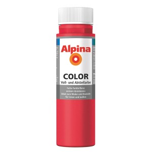 Alpina Color Fire Red, seidenmatte Abtönfarbe in roter Flasche (250ml) für Innen- und Außenbereich.