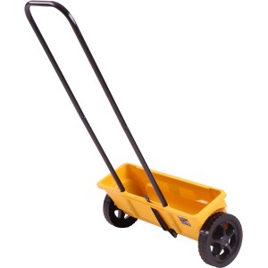 Texas Smart Spreader 100 Streuwagen: Gelber Universalstreuer mit schwarzem Griff und Rädern.