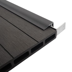 MCW Abschluss-Set für WPC-Sichtschutz Savoie, anthrazit. Abschlussprofil und Windschutz-Pfosten Detail.