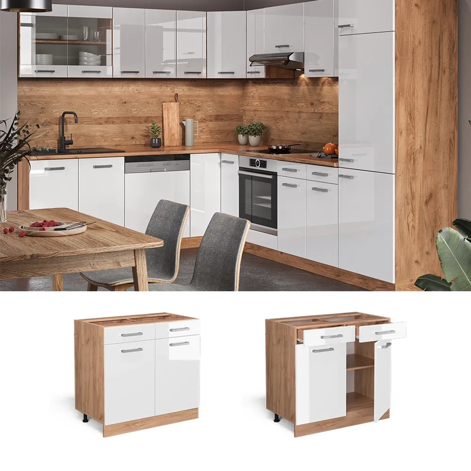 Vicco Küchenunterschrank R-Line, 80cm, Weiß Hochglanz/Goldkraft Eiche mit anthrazitfarbener Arbeitsplatte.