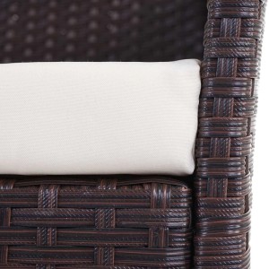 Detailansicht der braun-melierten Poly-Rattan Gartenbank Hamar mit cremefarbenem Kissen. Robustes Flechtwerk der Möbel.