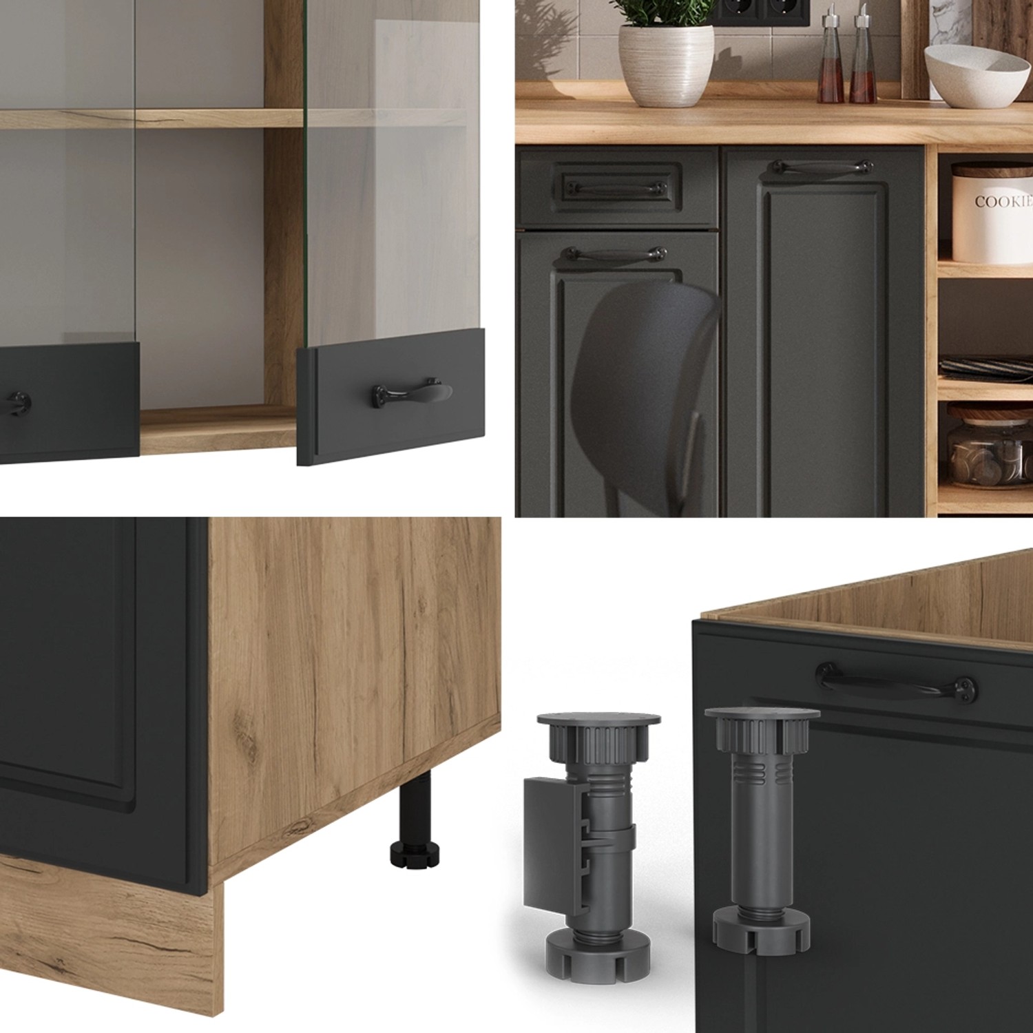 Vicco R-Line Küchenzeile in Anthrazit/Goldkraft Eiche mit Marmor Arbeitsplatte, 240 cm breit.