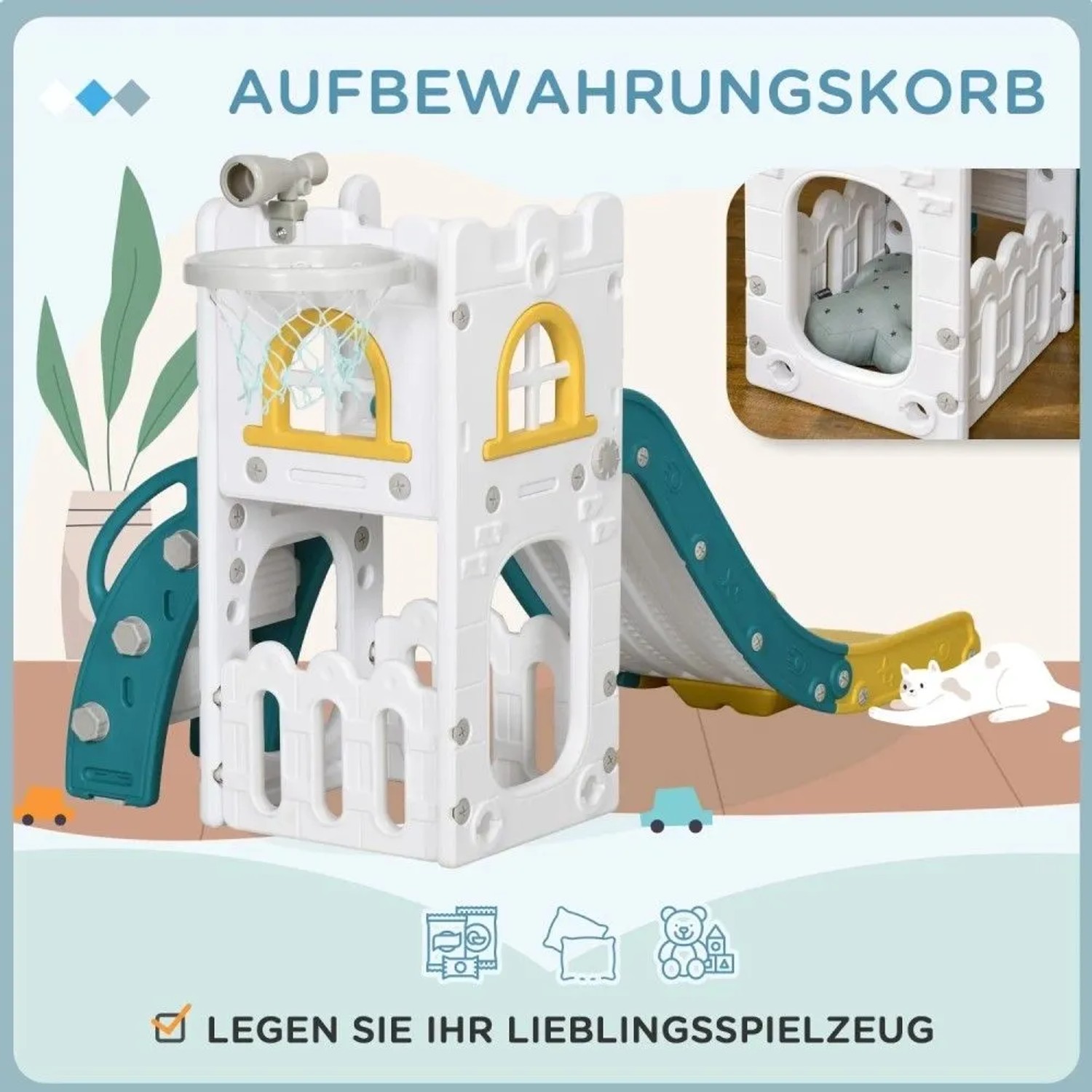 AIYAPLAY Kinderrutsche 4-in-1: Weiß-gelb-grüner Spielturm mit Rutsche, Basketballkorb, Kletterelement & Aufbewahrung.