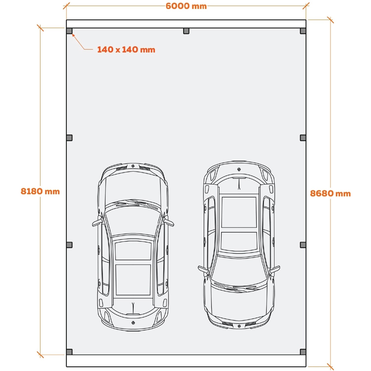 Draufsicht Holzbrüder Doppelcarport Ralf, 600x868cm, reinweiß, mit dunkelgrauem Blechdach und Maßangaben.