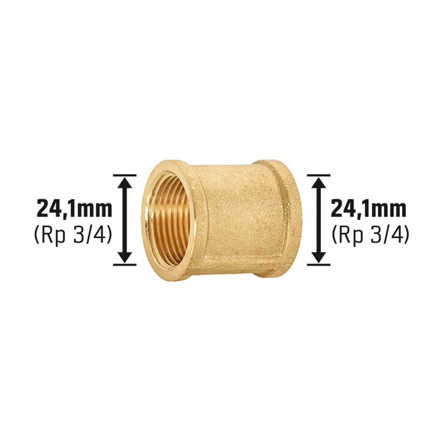 Messing Gewindemuffe 24,1 mm (Rp 3/4) für Heizung und Trinkwasserinstallation.