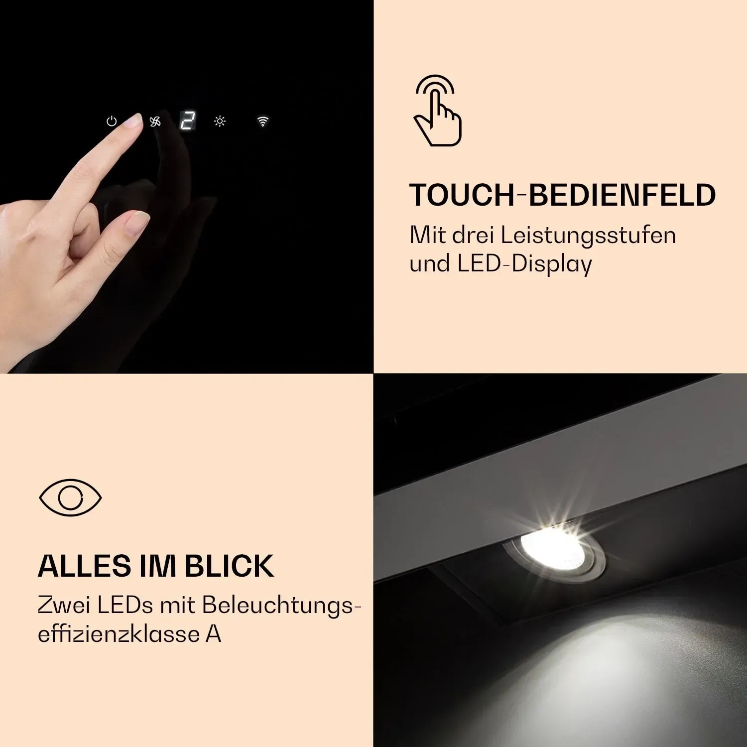 Detailansicht: Klarstein Aurora 60 Smart Dunstabzugshaube mit Touch-Bedienfeld und LED-Beleuchtung.