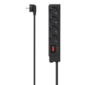 Schwarze 4-fach Steckdosenleiste mit Überspannungsschutz und Schalter.