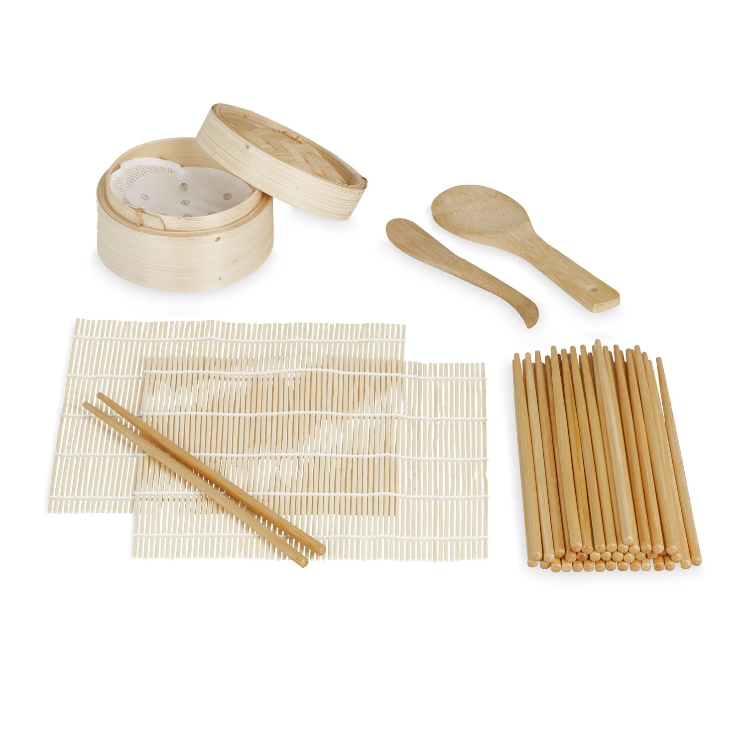 Relaxdays Sushi Set Bambus Natur mit 2 Rollmatten und 20 Paar Essstäbchen 470 g