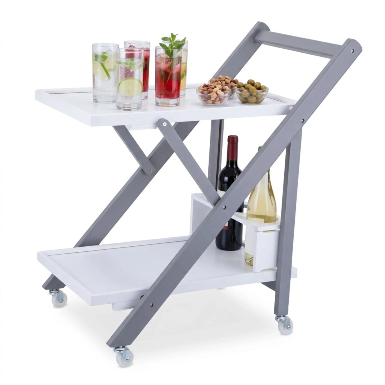 Relaxdays Servierwagen Bambus Weiß Grau Rollbar Klappbar Mit Flaschenhalter 70 cm x 44 cm x 39,5 cm 5 kg